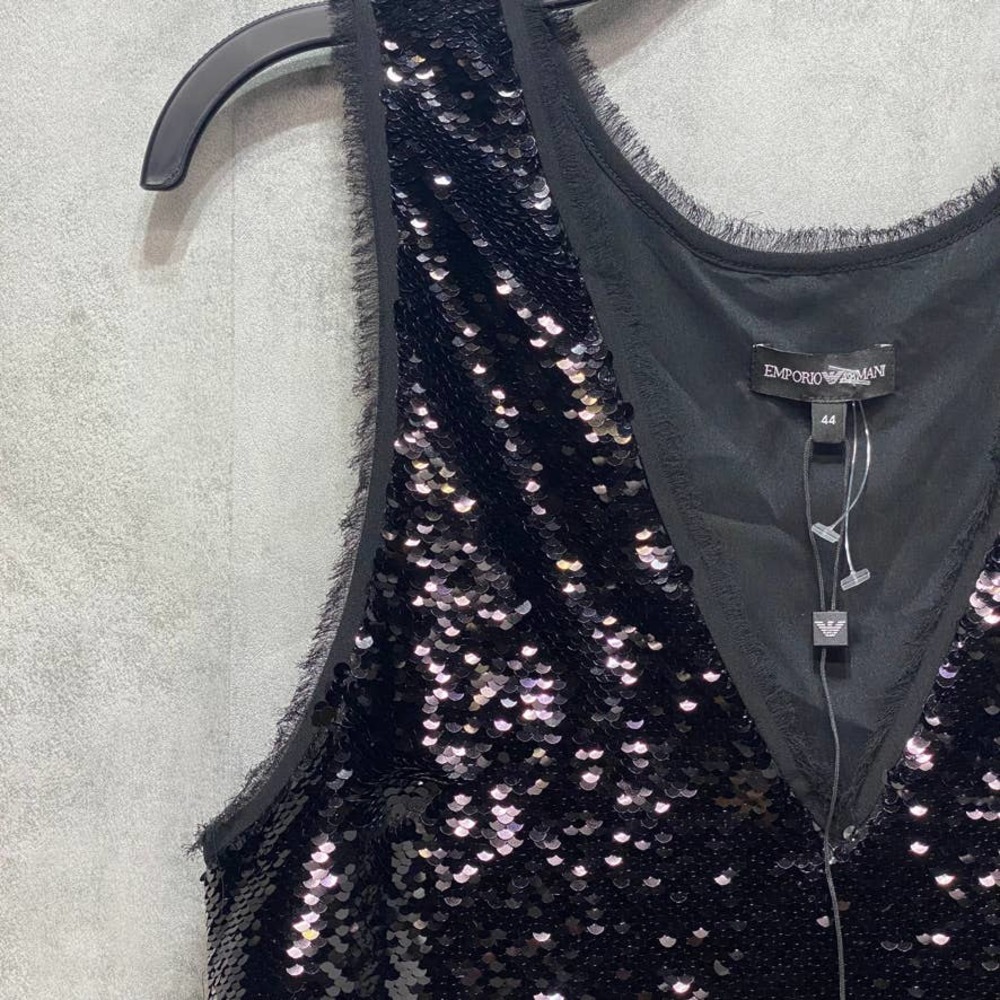 Emporio Armani Black Layered Sequin V-Neck Tank Mini Dress SZ 44 - Picture 3 of 8